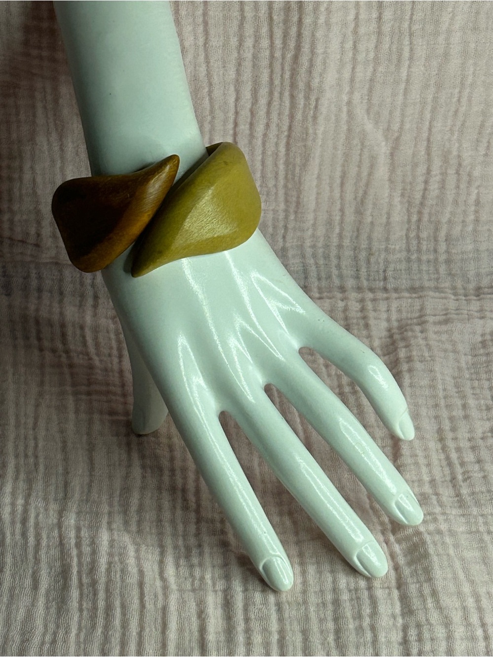 Vintage Made in Hong Kong Sculptural Hinged Cuff Bracelet Faux Wood Two Tone